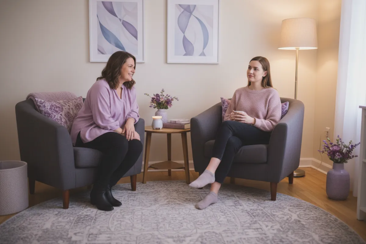 Therapist and client in a calm, purple-accented room