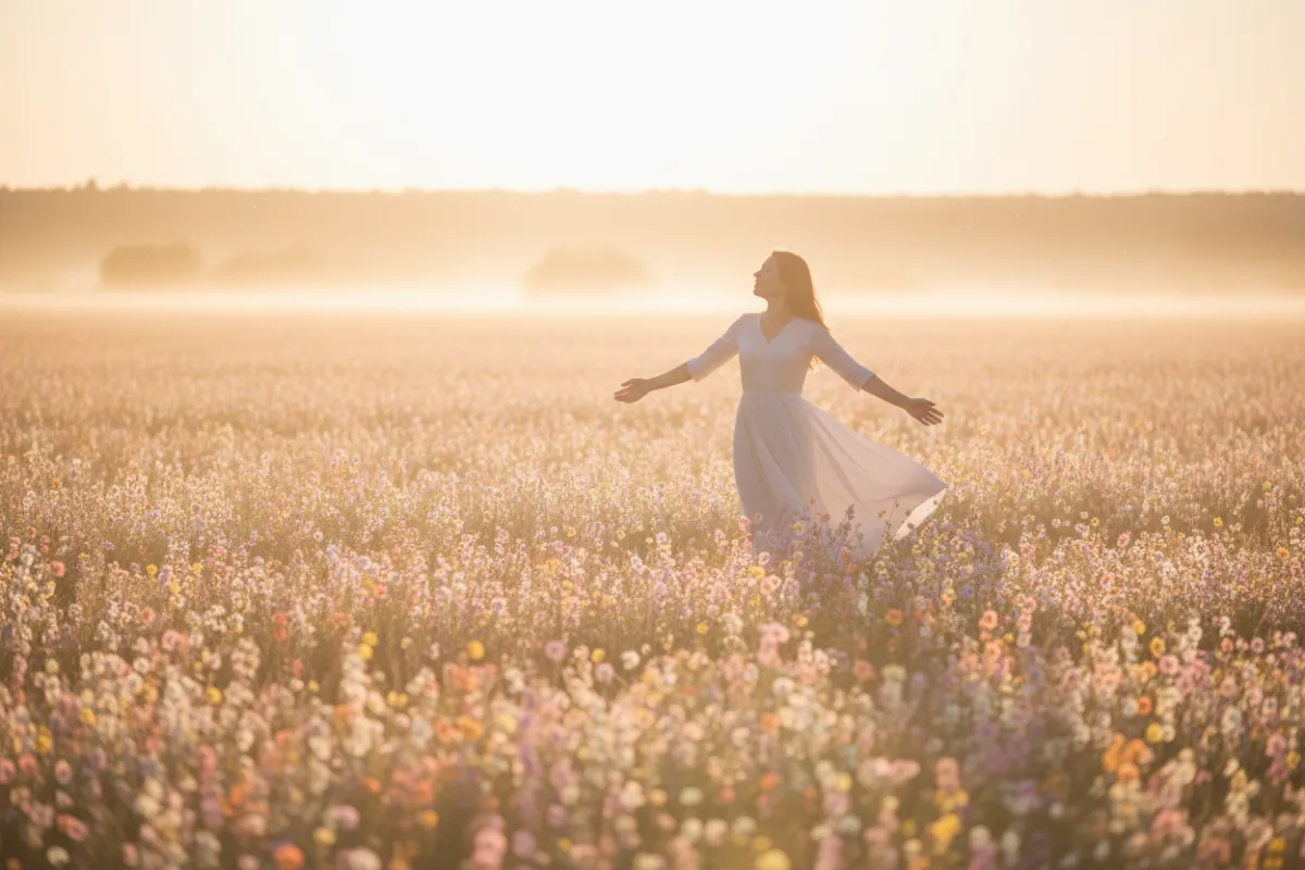 A hopeful scene of a woman standing in a sunlit field at golden hour, arms gently open, surrounded by soft wildflowers. The background glows with warm, pastel light, evoking a sense of new beginnings, empowerment, and gentle optimism.