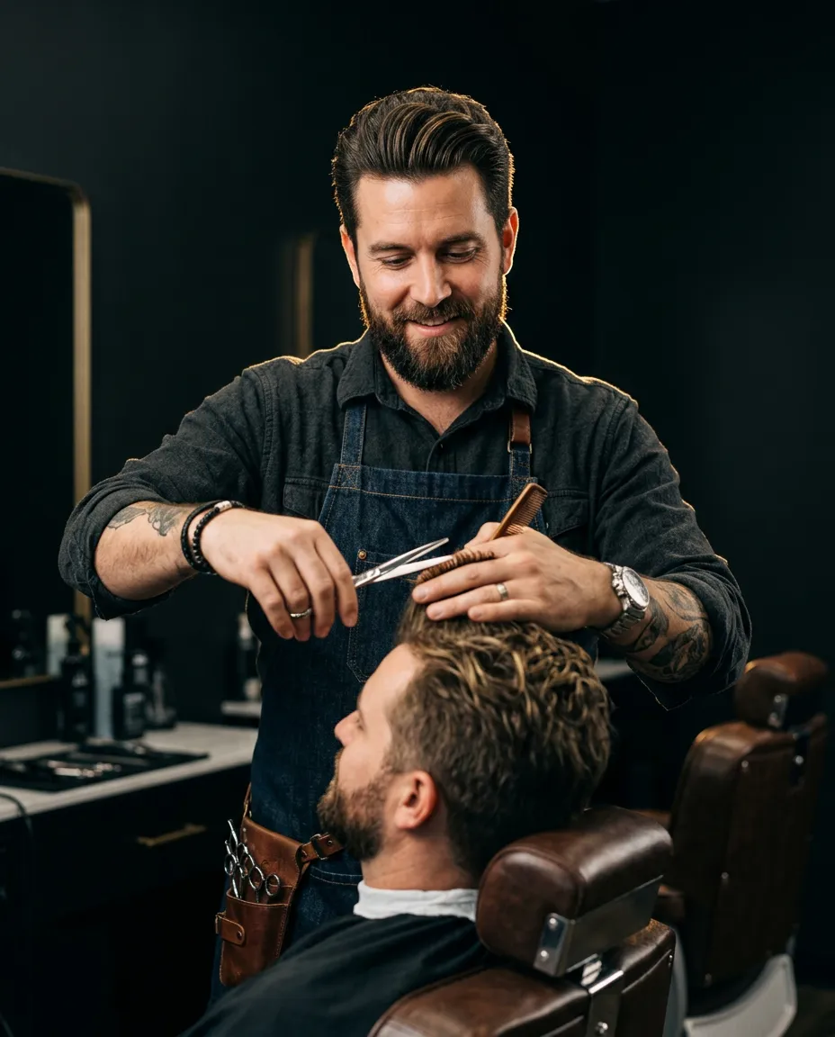 Master barber Malik Henderson styling in modern barbershop