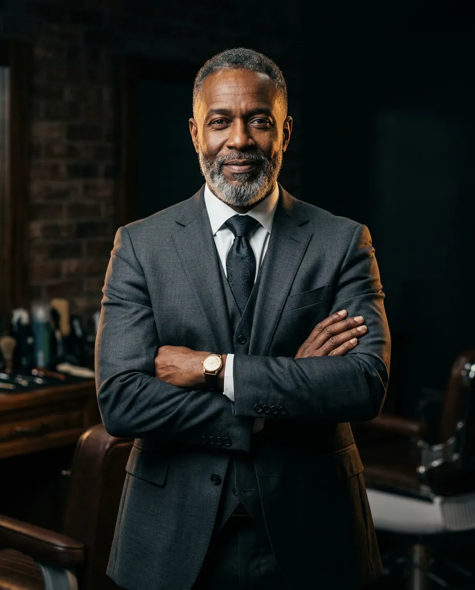 Master barber Darius Sterling in dark studio portrait