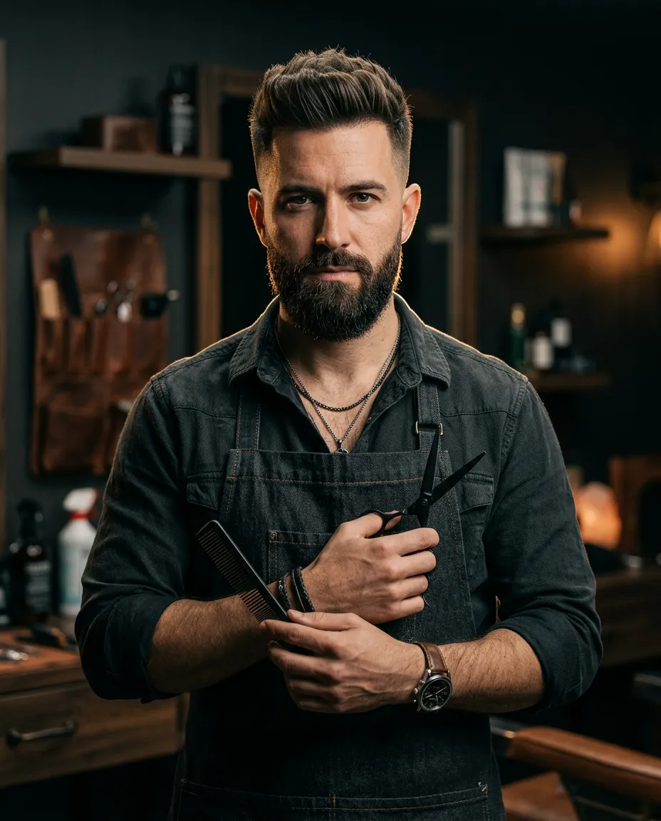 Master barber Elena Rostova holding precision shears