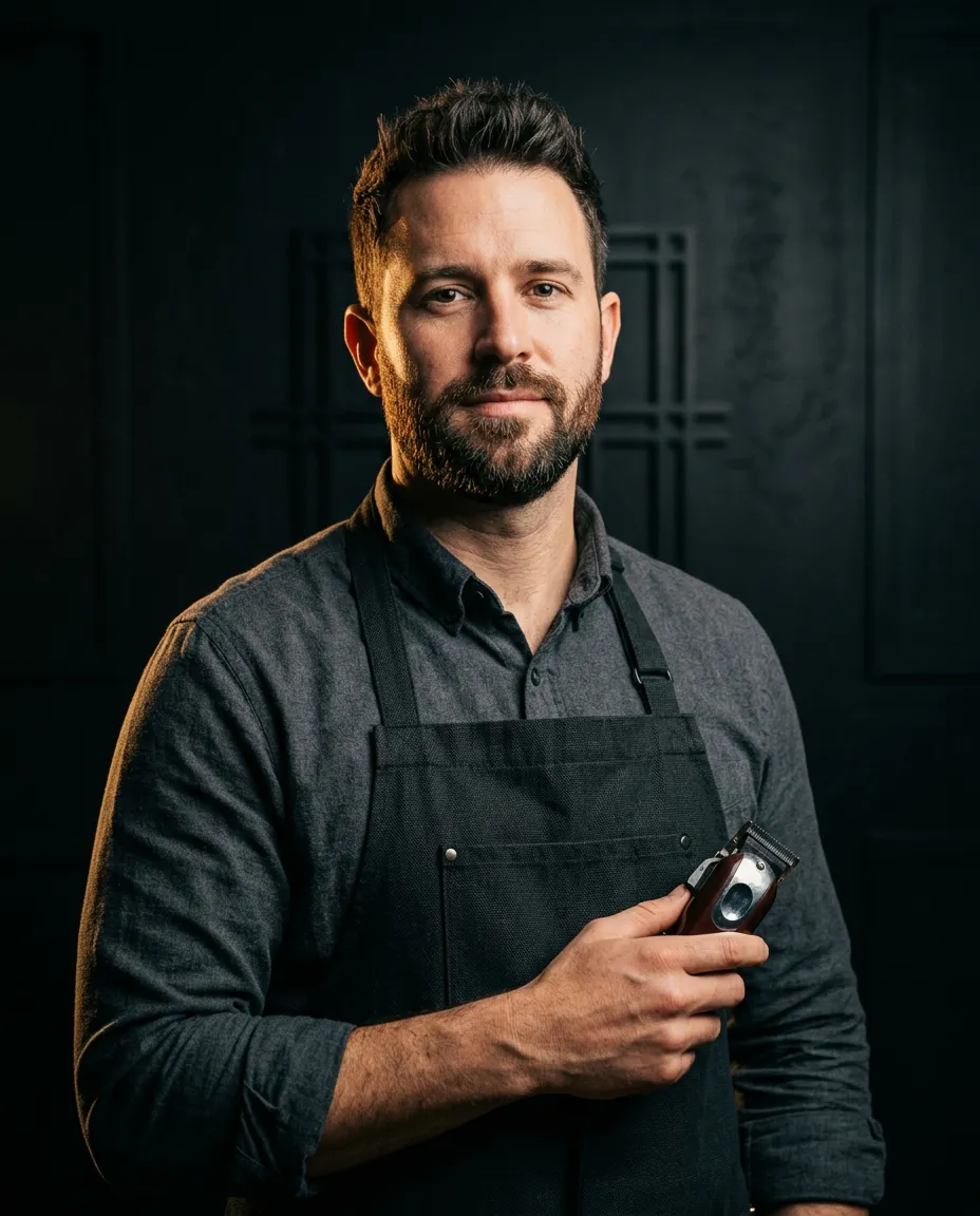 Master barber Marcus Vance portrait in executive grooming lounge