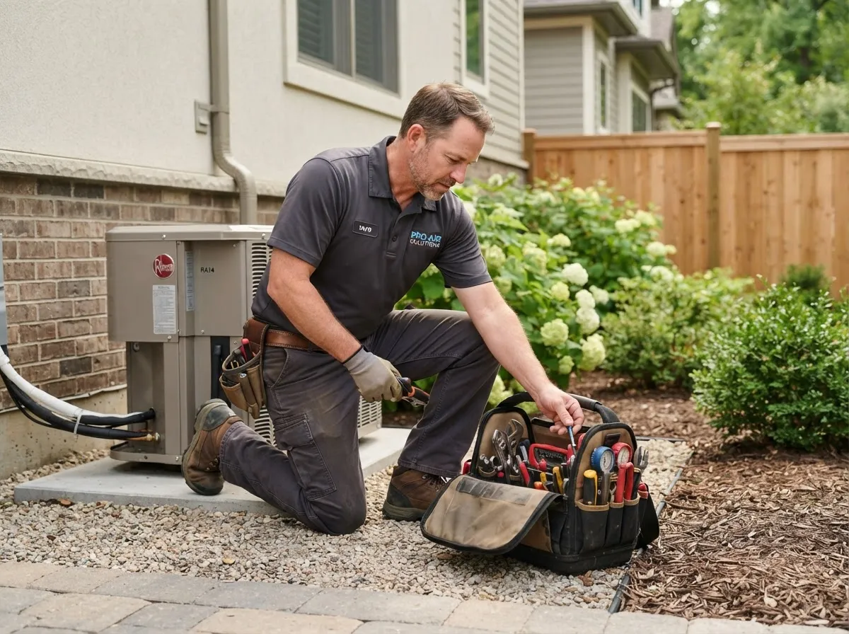 HVAC technician kneeling next to an outdoor AC unit on a residential property, looking into his open tool bag.