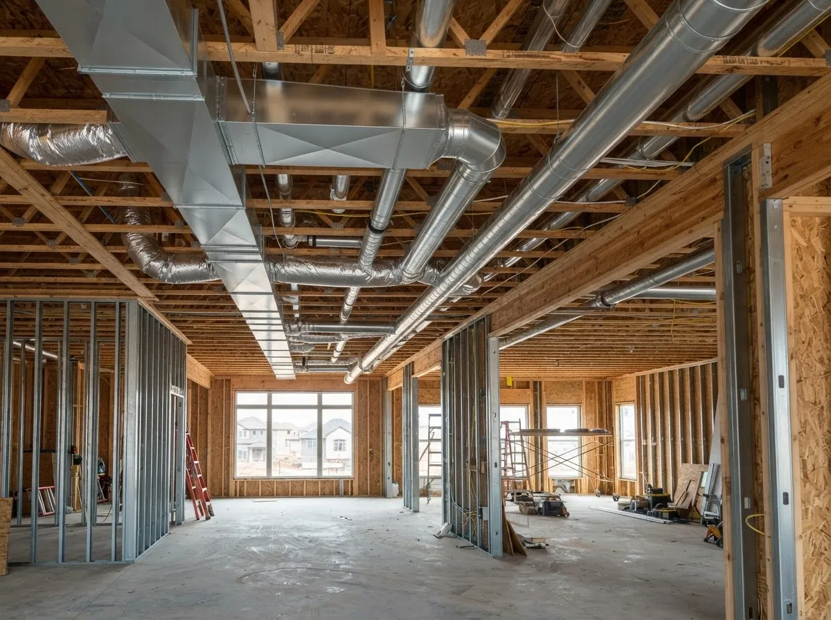 Extensive shiny metal ductwork running along the ceiling of a large new residential construction project.