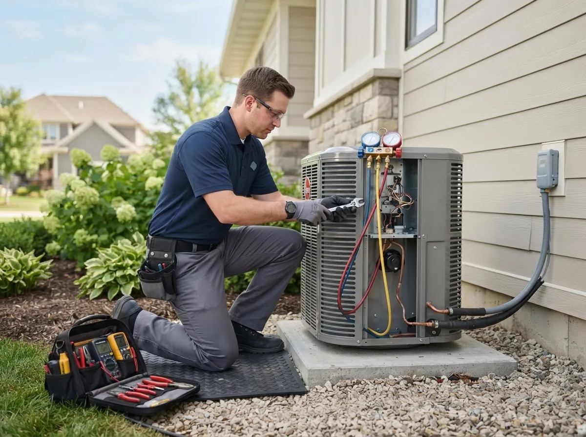 An HVAC technician kneeling next to an outdoor AC unit during an installation or repair.