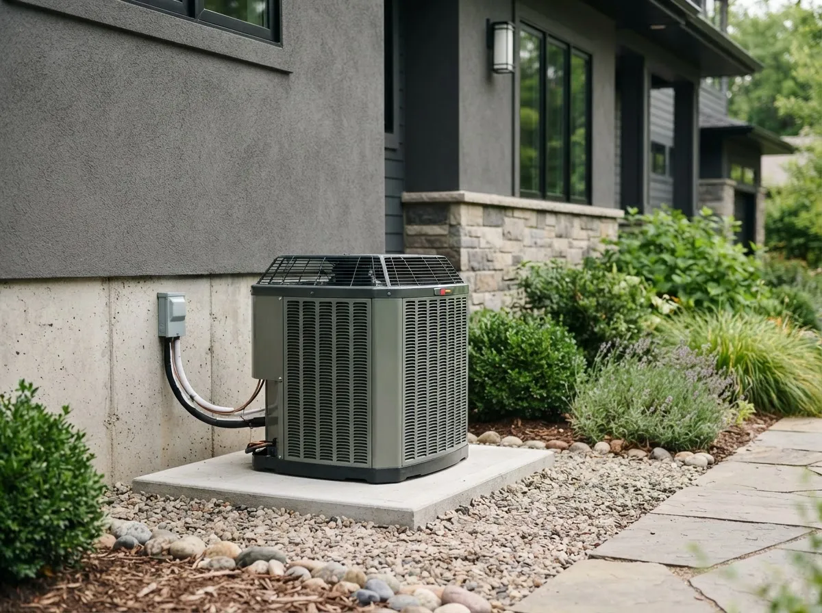 An outdoor air conditioning condenser unit sitting next to a house foundation.