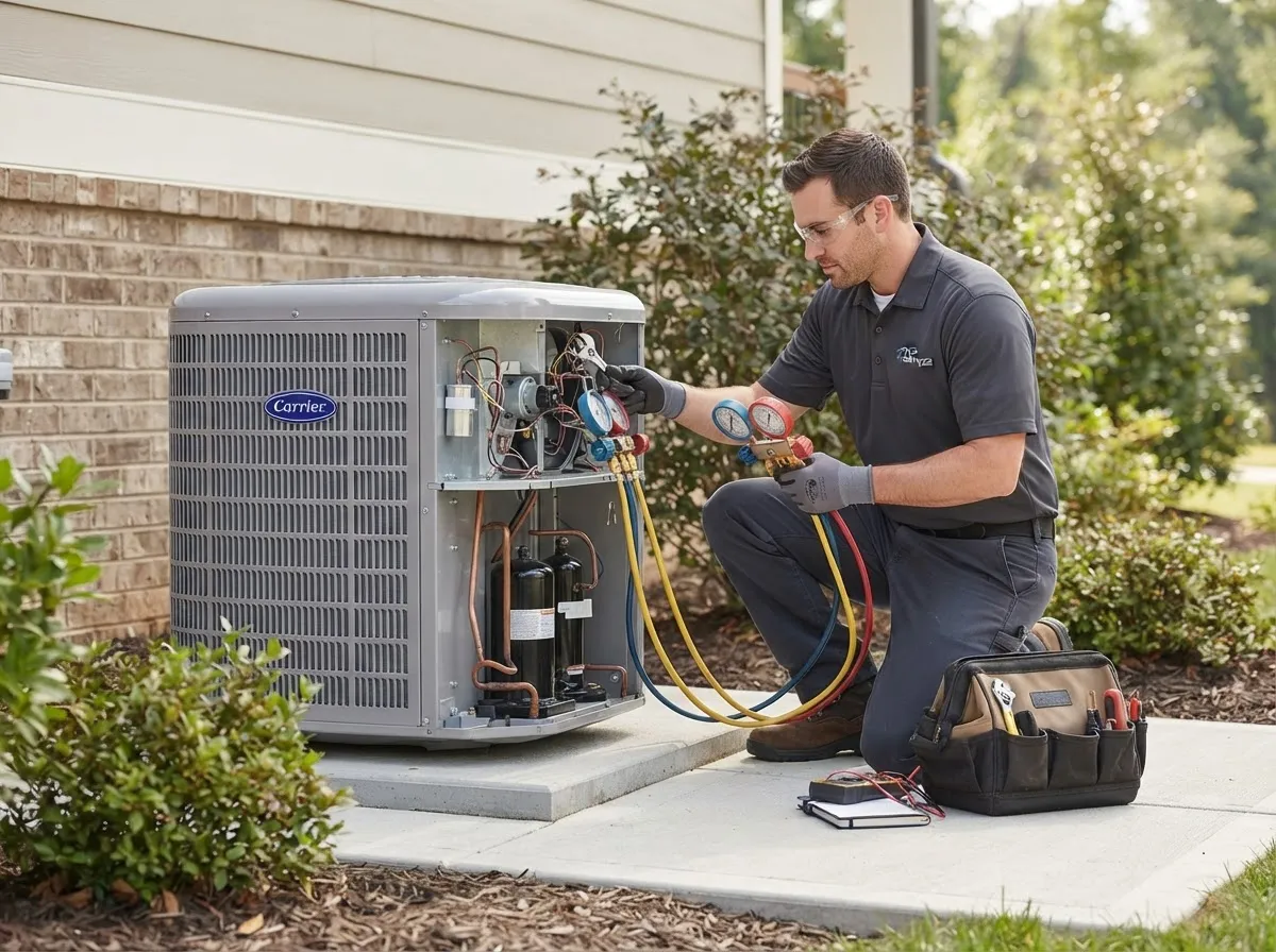 Technician working on an outdoor HVAC unit