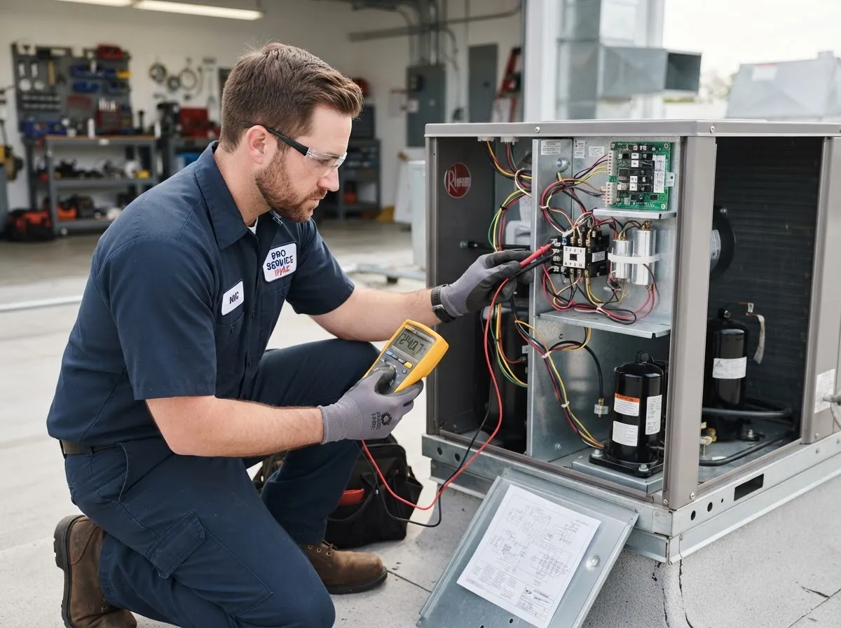 A technician using a multimeter to test the electrical components of an open HVAC unit.