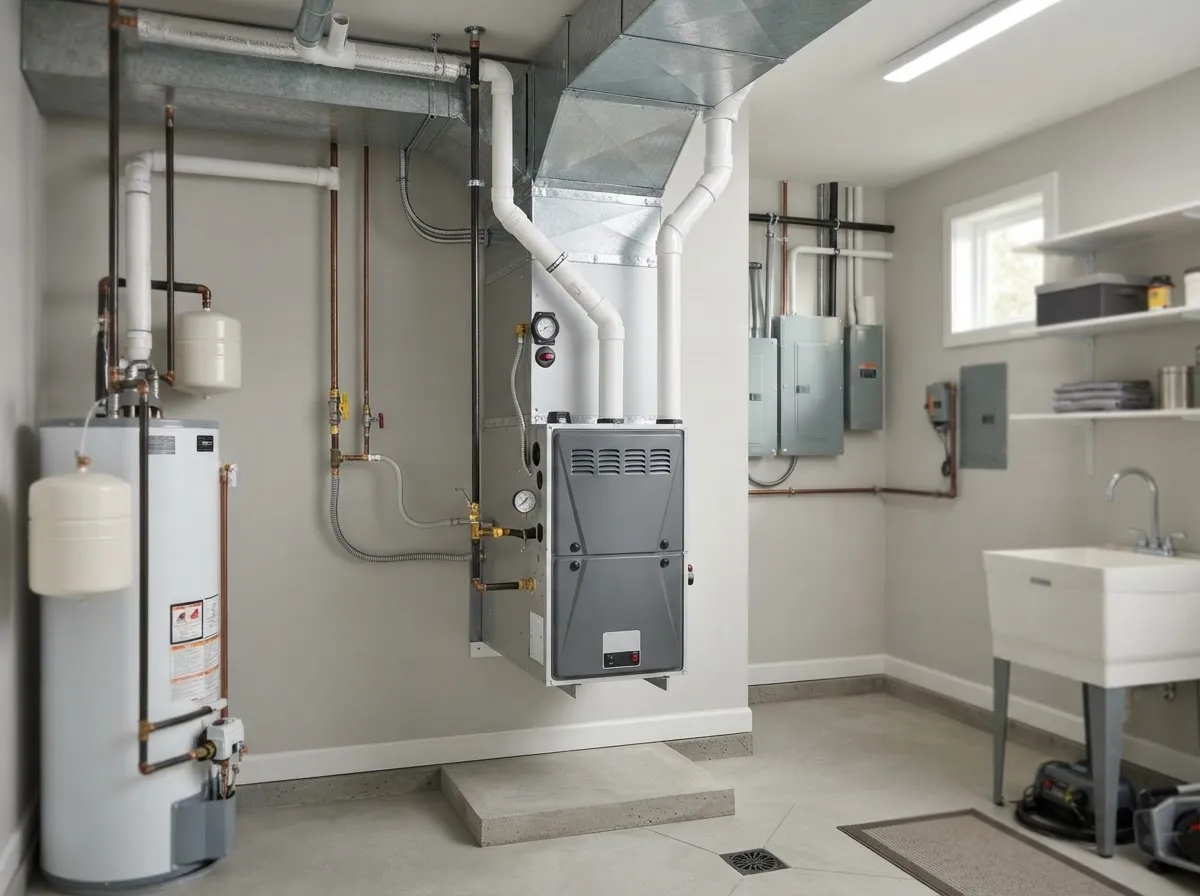 An indoor furnace and heating unit installed in a utility room.