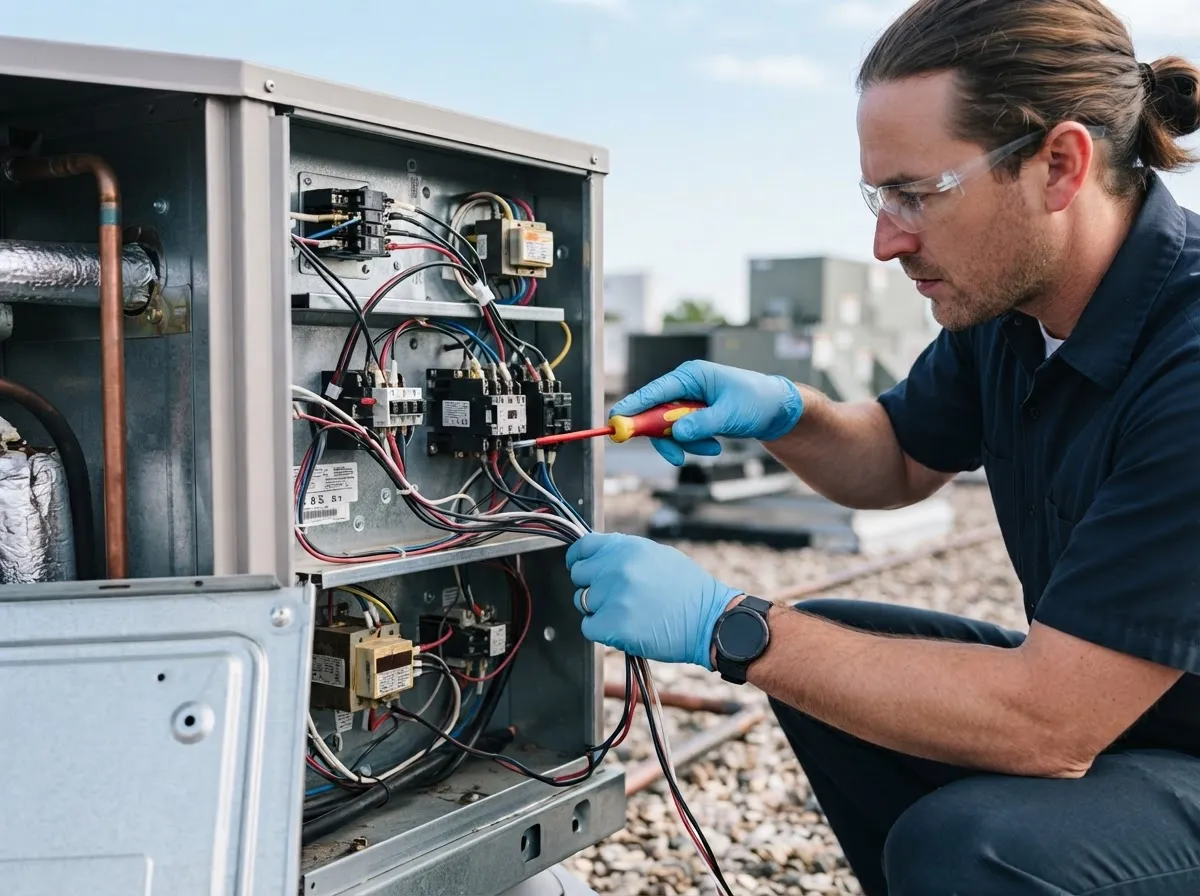 Close-up of a technician working on an open electrical panel of an HVAC unit