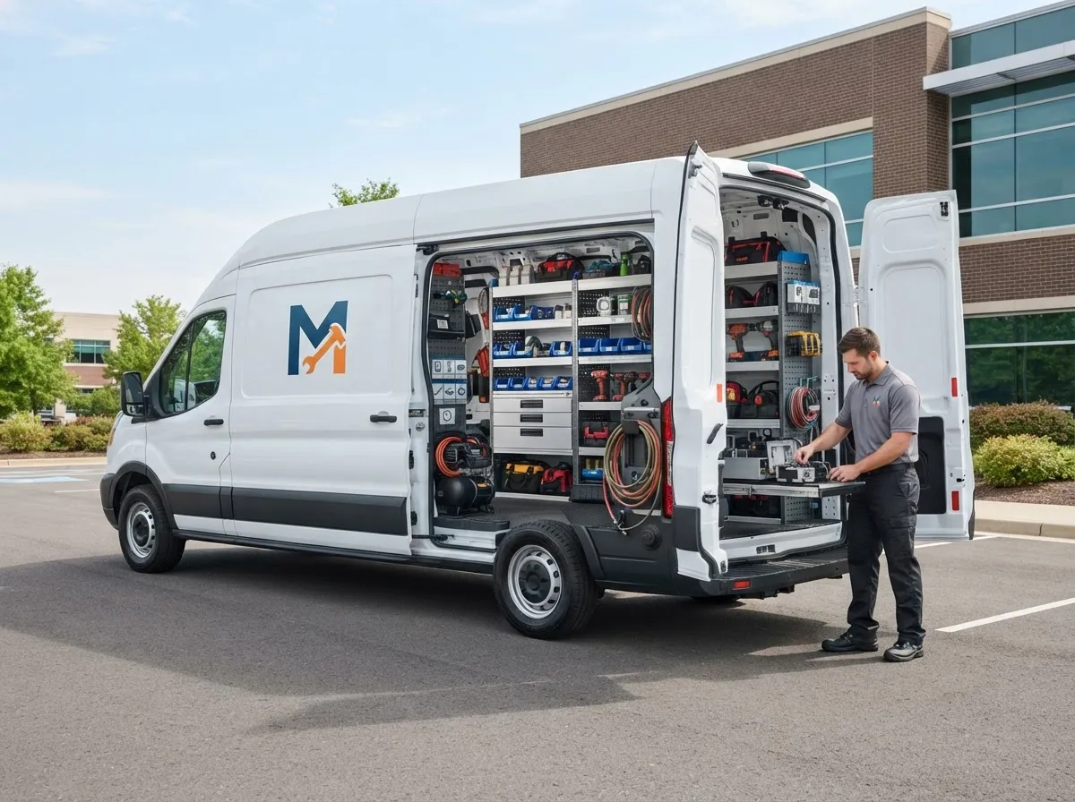 A white company van with the Miller's logo parked with its doors open, showing equipment inside.