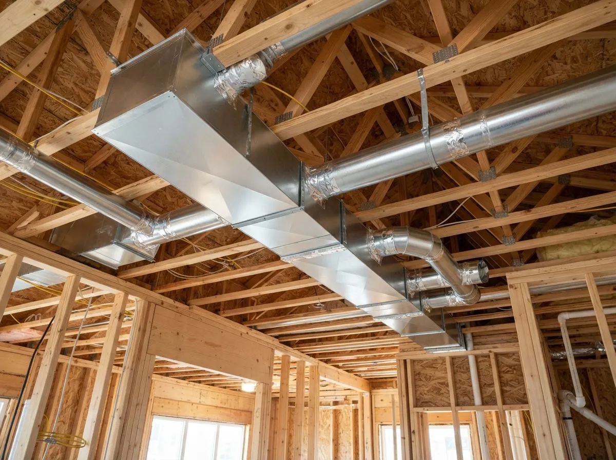 Newly installed custom sheet metal ductwork hanging in a residential ceiling frame.