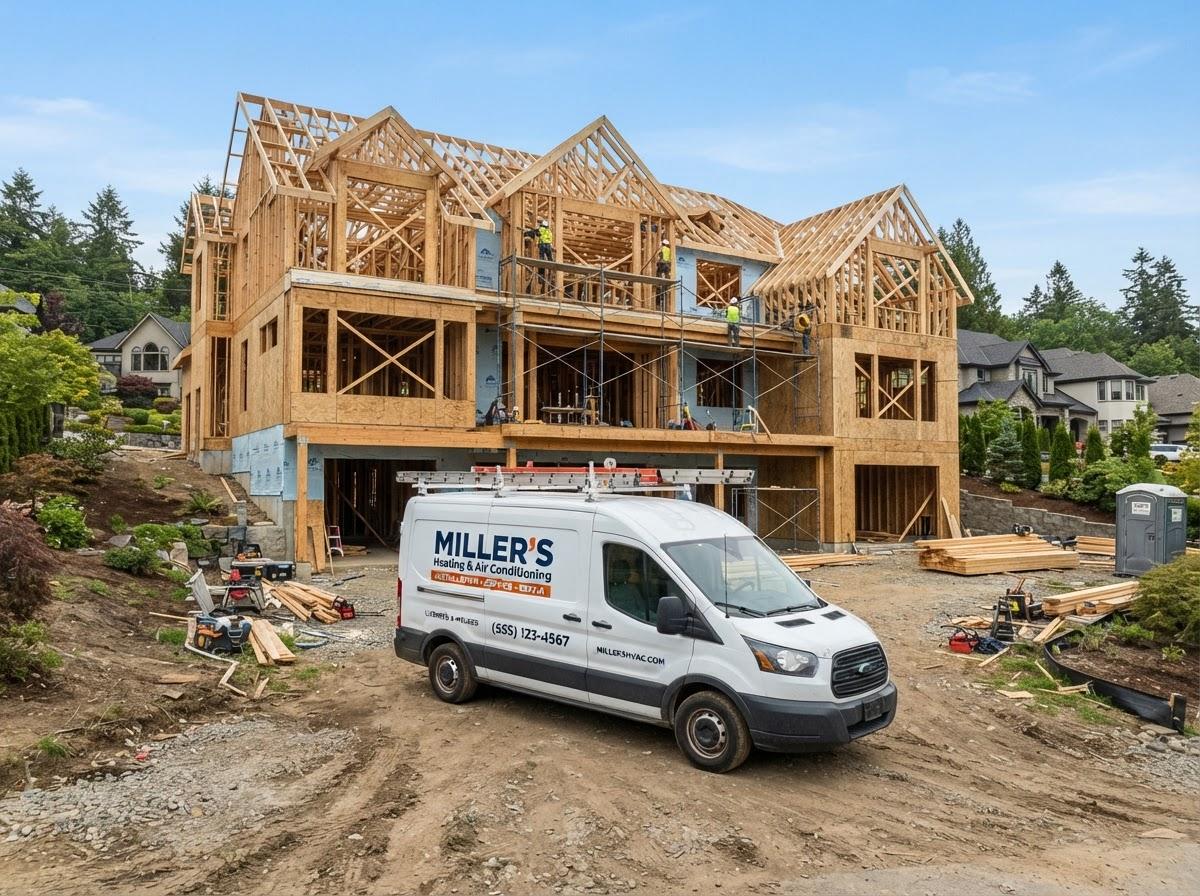 A large, multi-story custom residential home under construction with exposed wooden framing. A Miller's Heating & Air Conditioning van is parked in the dirt driveway in the foreground.