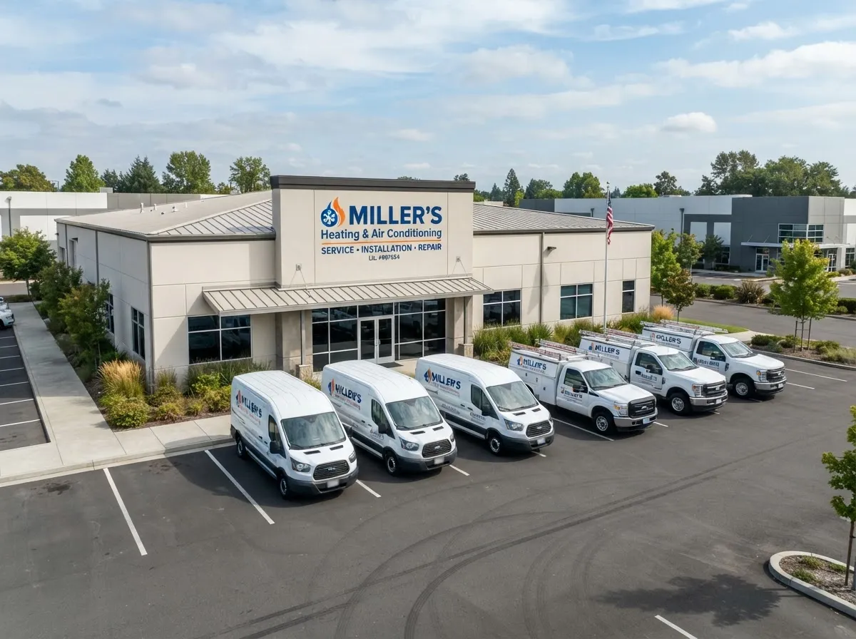Exterior view of the Miller's Heating & Air Conditioning building, a light industrial structure with the company logo painted on the wall. Several white branded service trucks and vans are parked in the lot.