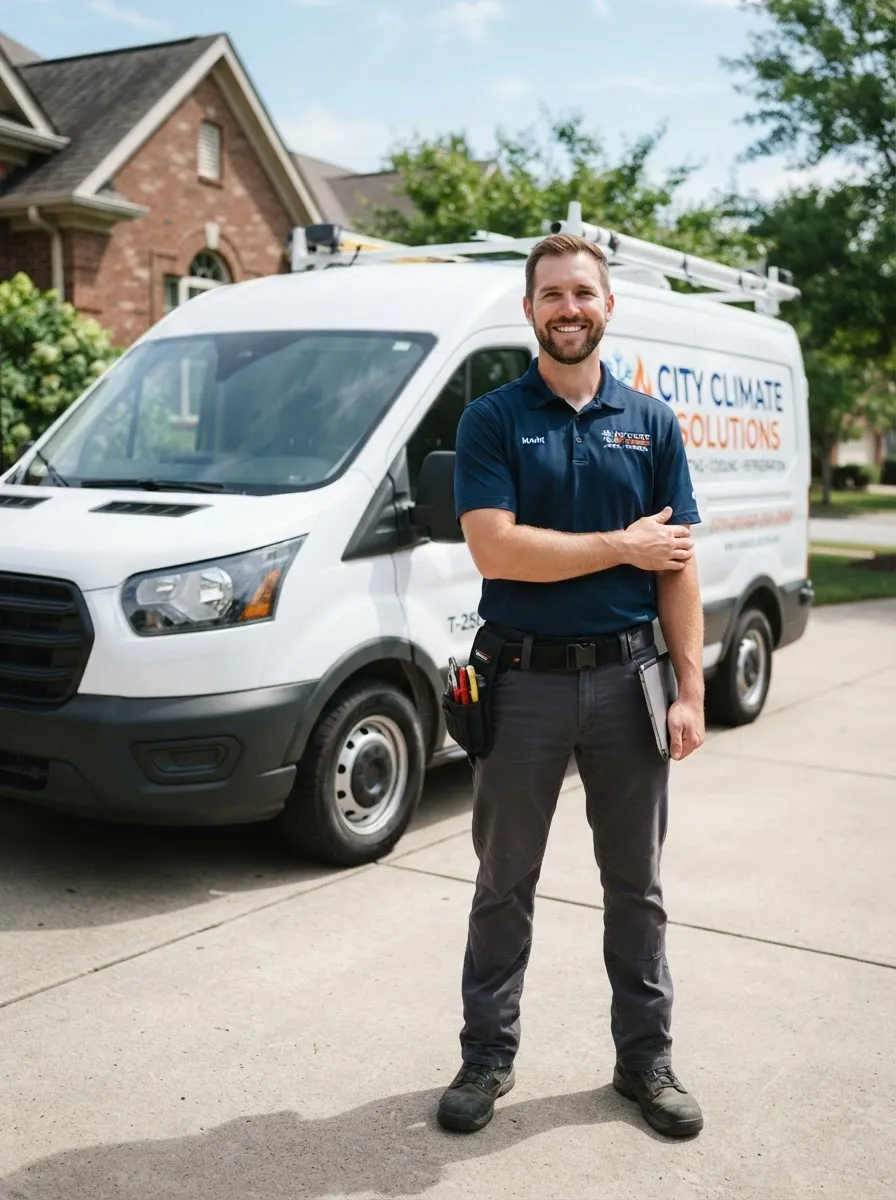Portrait of a smiling male HVAC technician in a dark blue polo shirt standing in front of a white service van with the company logo.