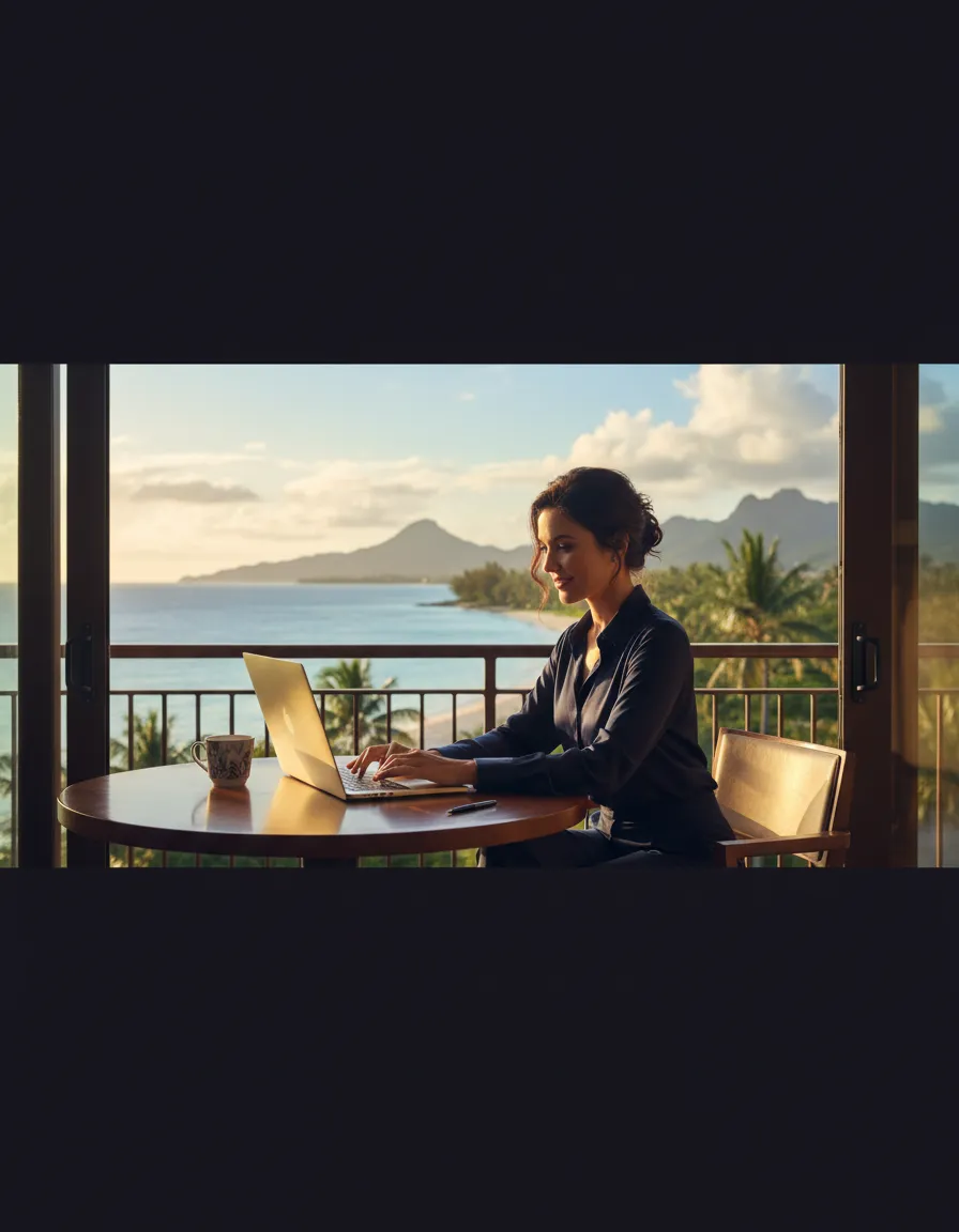 Professional working remotely with a view representing the income lifestyle