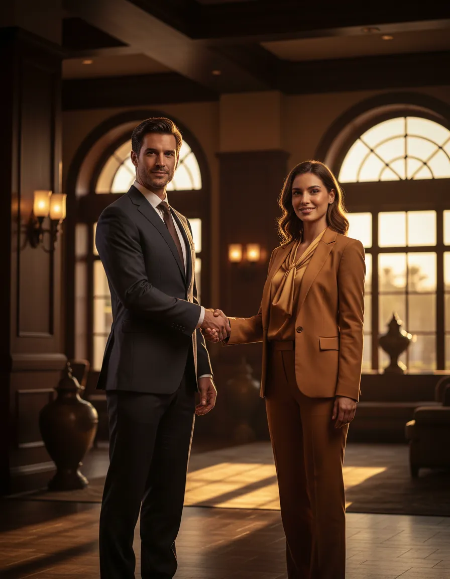 Two professionals shaking hands in a luxury setting
