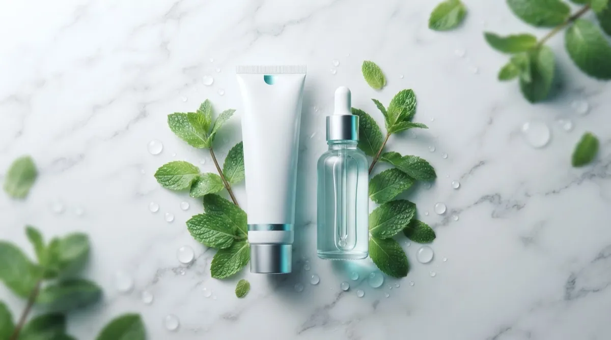 Cinematic aesthetic shot of minimalist oral care toothpaste and elixir bottles displayed on clinical marble surrounded by dewy botanical mint leaves