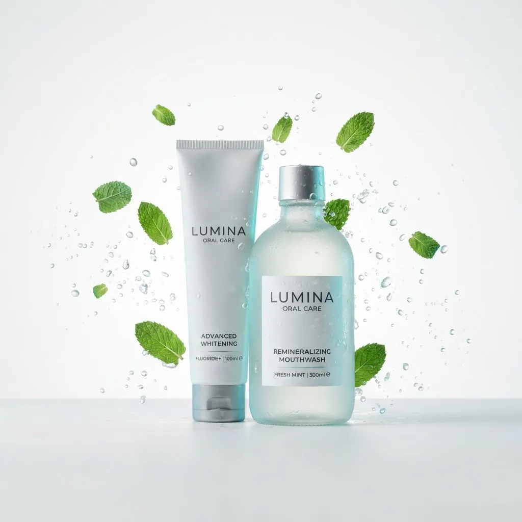 Clinical modern toothpaste and mouthwash line with fresh mint and crisp water splash droplets
