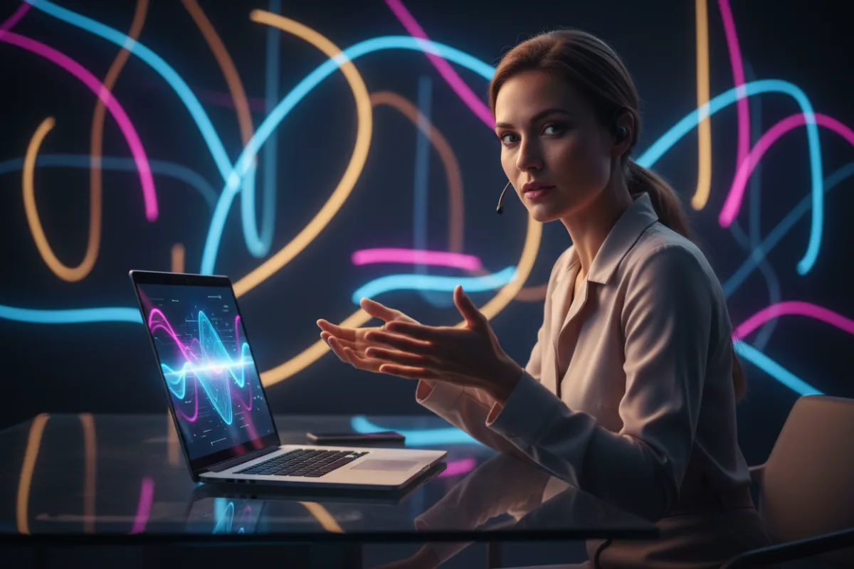 Professional online tutor interacting with a futuristic holographic learning interface