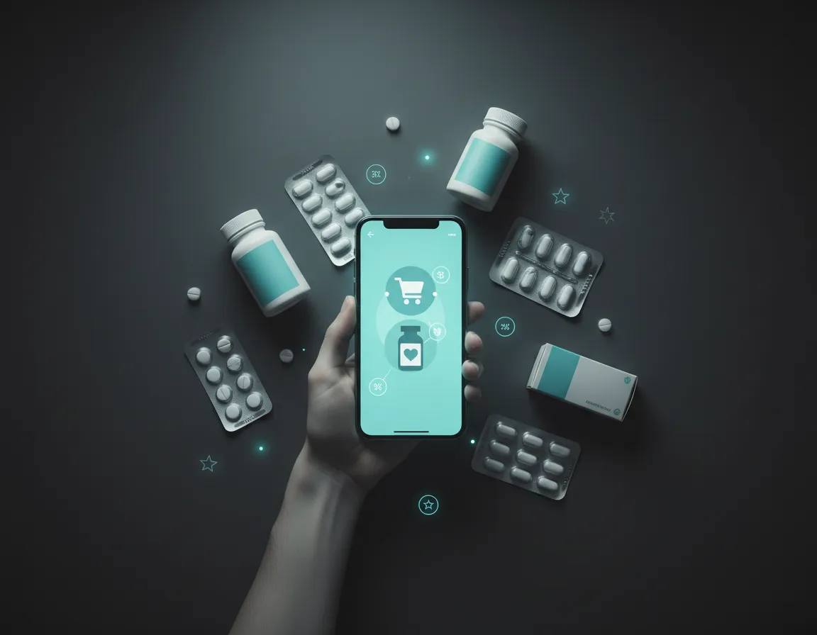 Pessoa utilizando celular, medicamentos e ícones de desconto em farmácia virtual