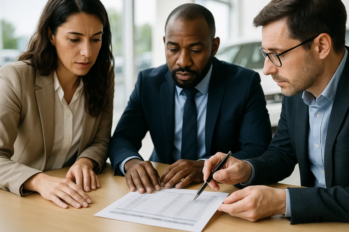 Three professionals at a dealership desk discussing a price sheet during a negotiation.