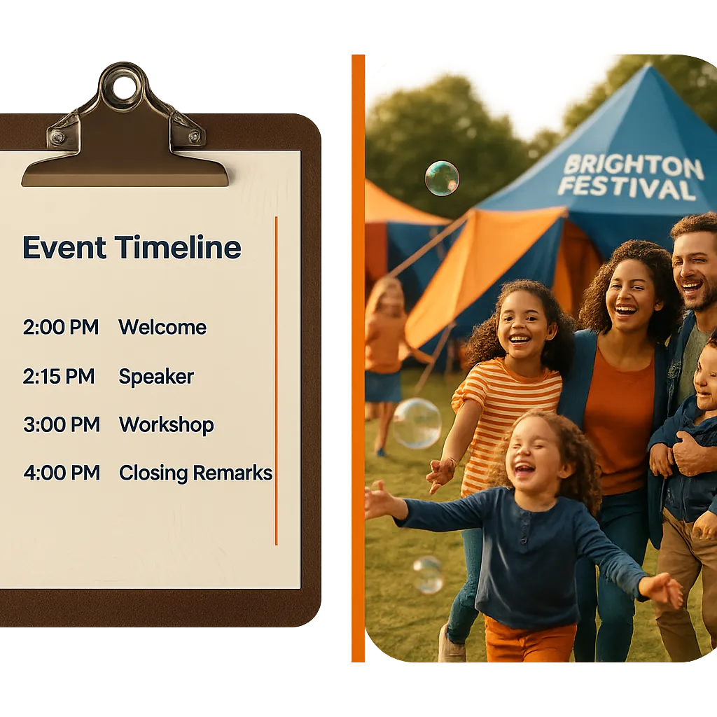 A detailed event planning clipboard alongside a joyous community event moment in Brighton