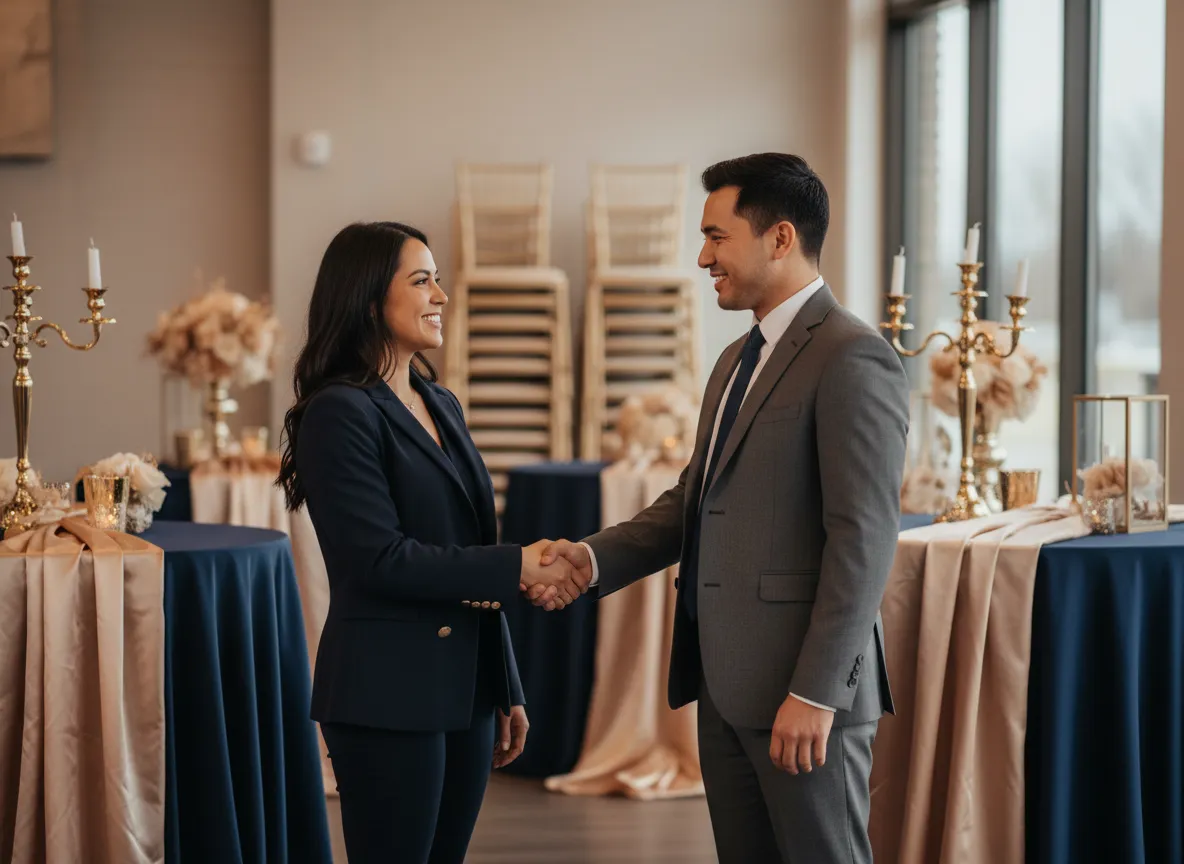 Vendor and planner collaborating with a smile at an event