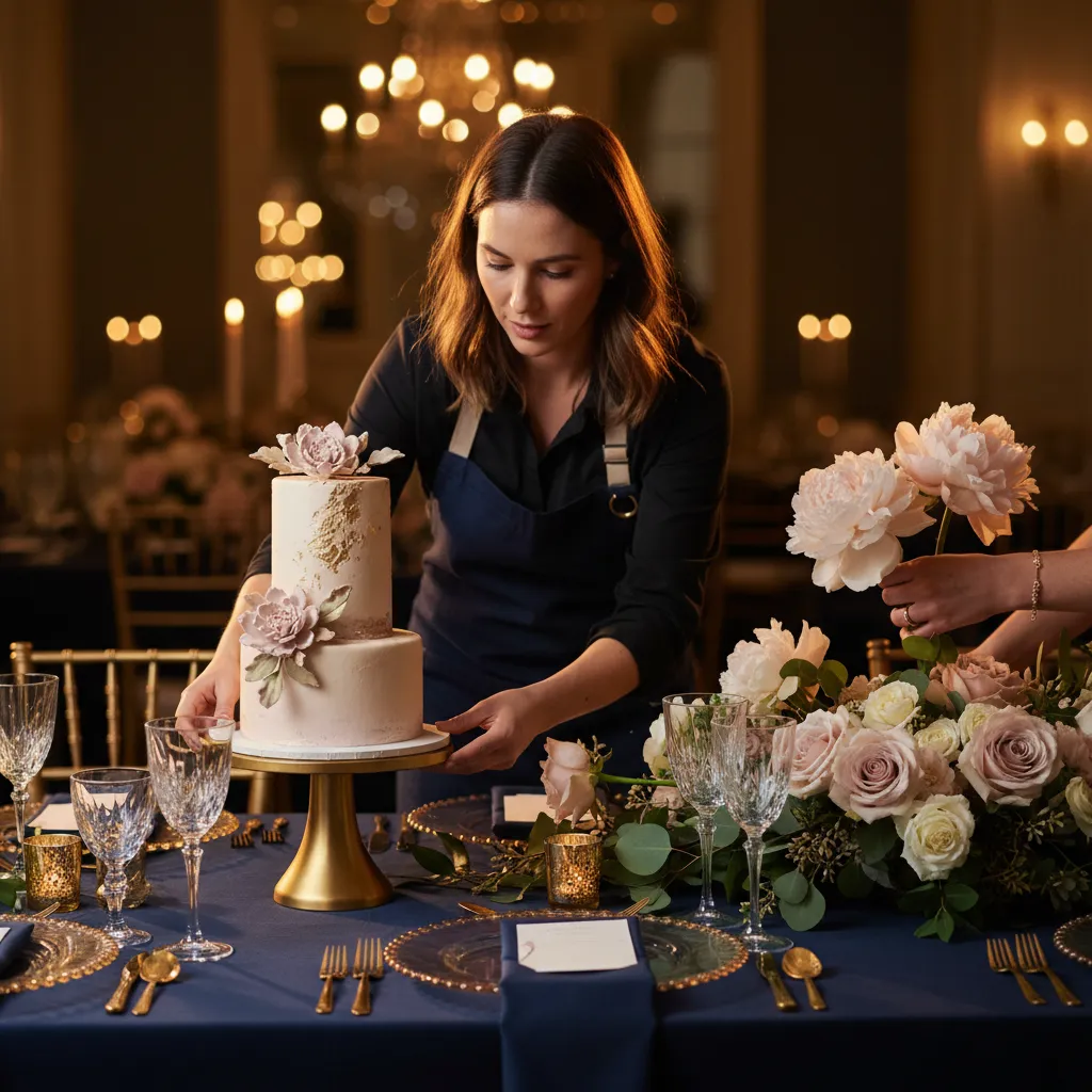 Event professionals collaborating on a premium floral and table setup