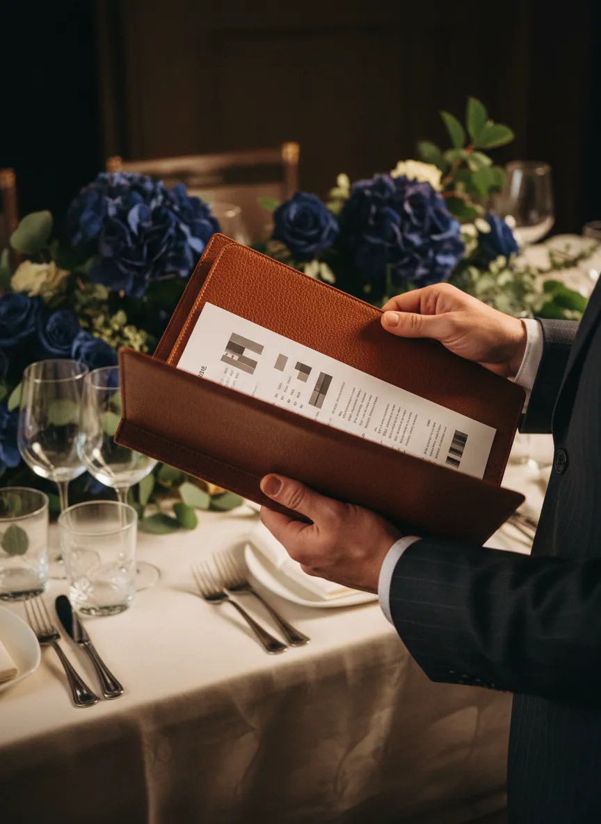 A sophisticated event coordinator reviewing a timeline, embodying calm and decisive management.