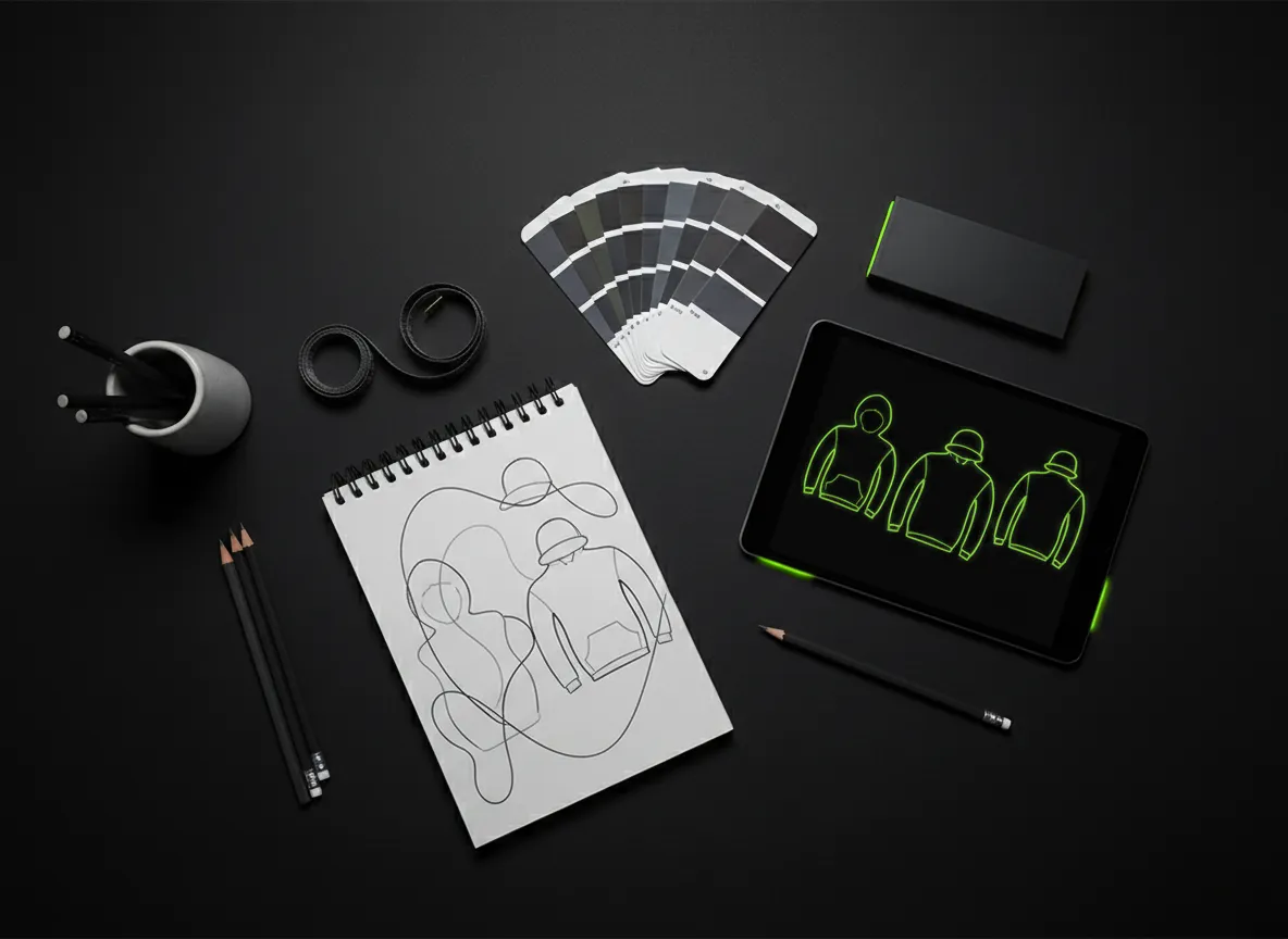 Creative design studio with merch sketches and mockups