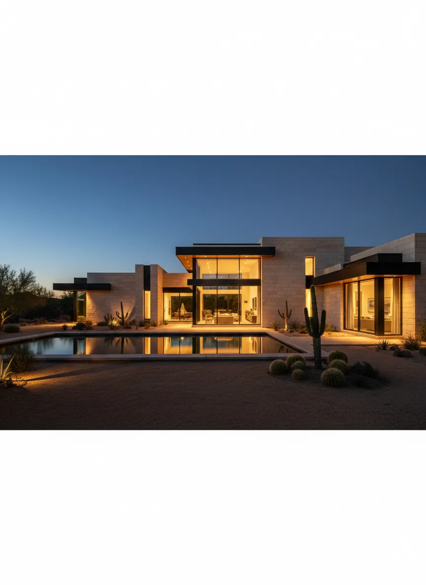 Luxury Arizona estate with modern architectural details at dusk