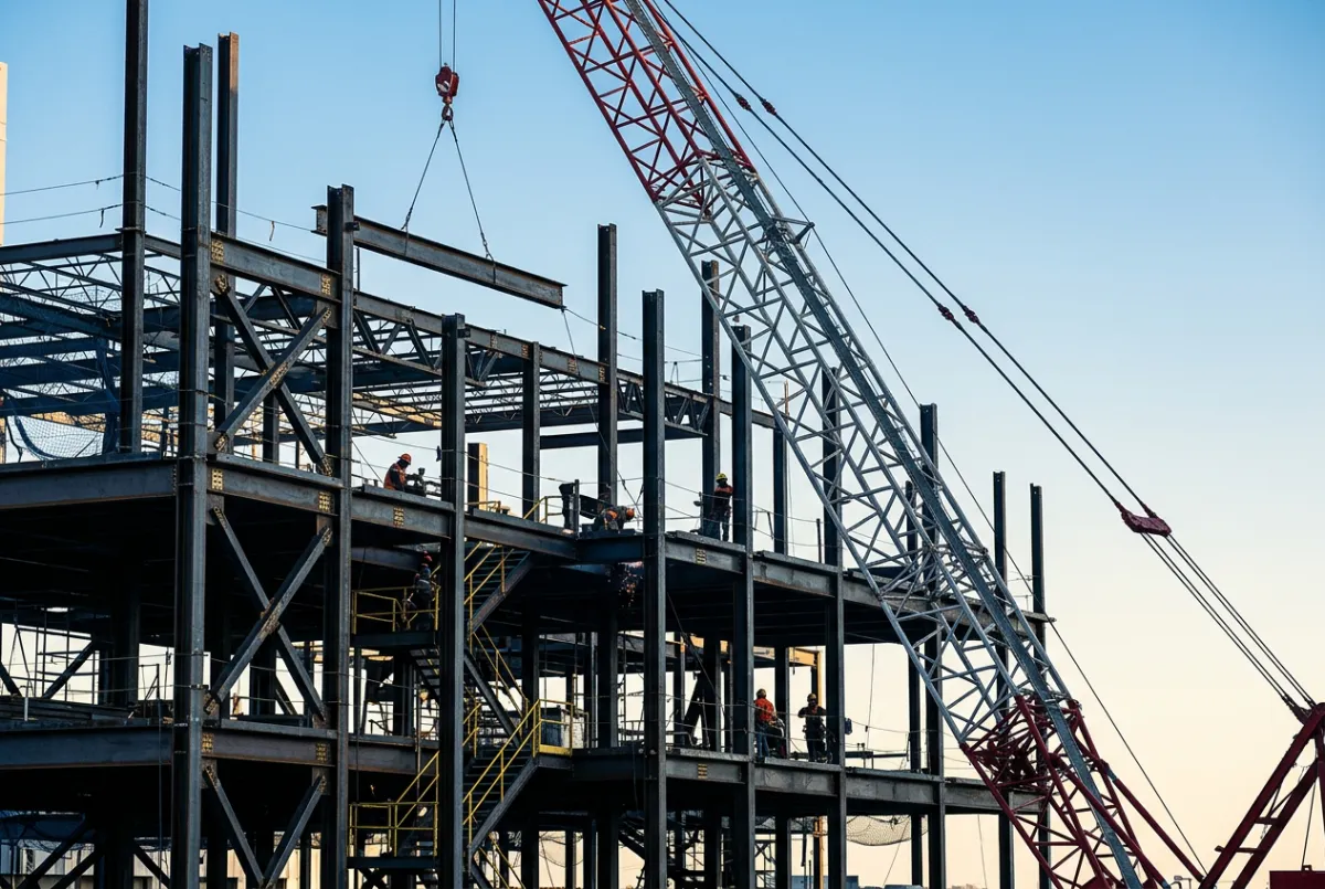 Steel construction crane and structural framing against crisp skyline