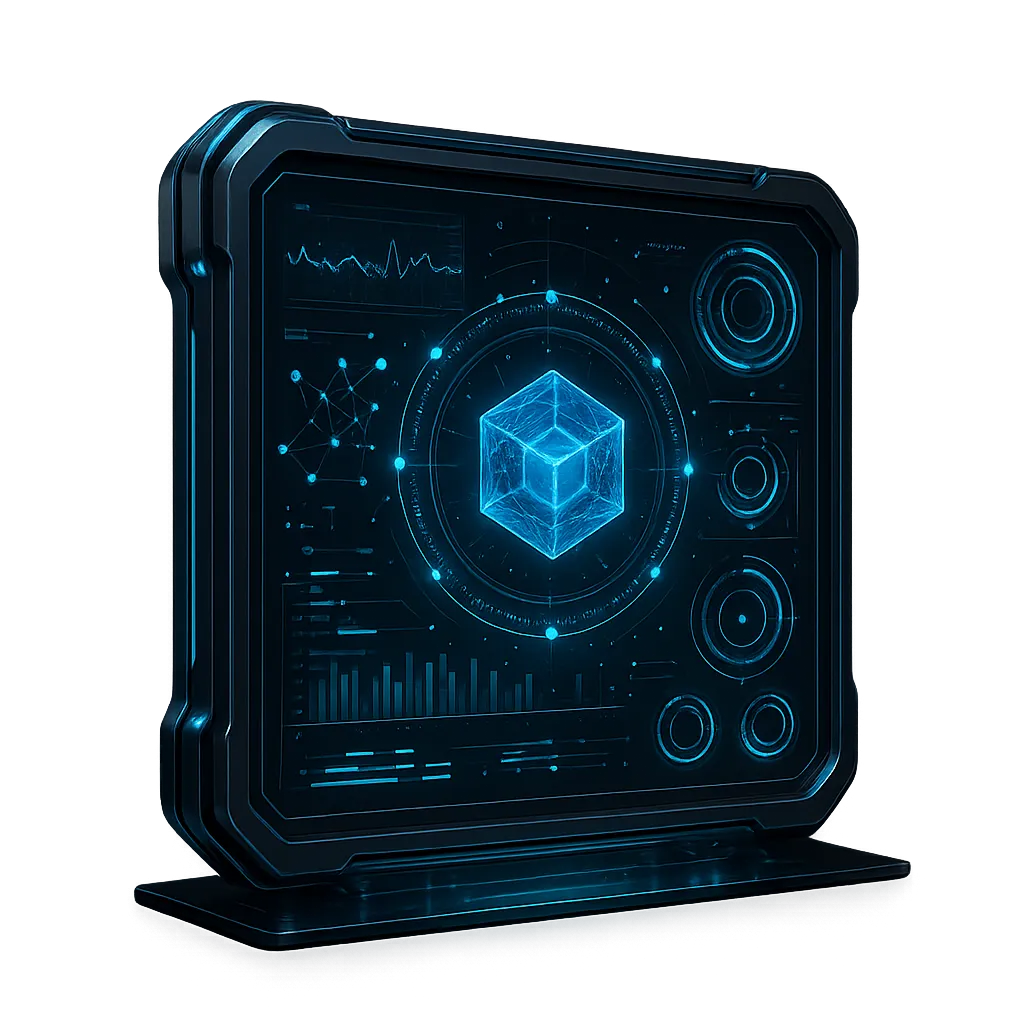 Sleek holographic AI interface glowing in indigo and teal