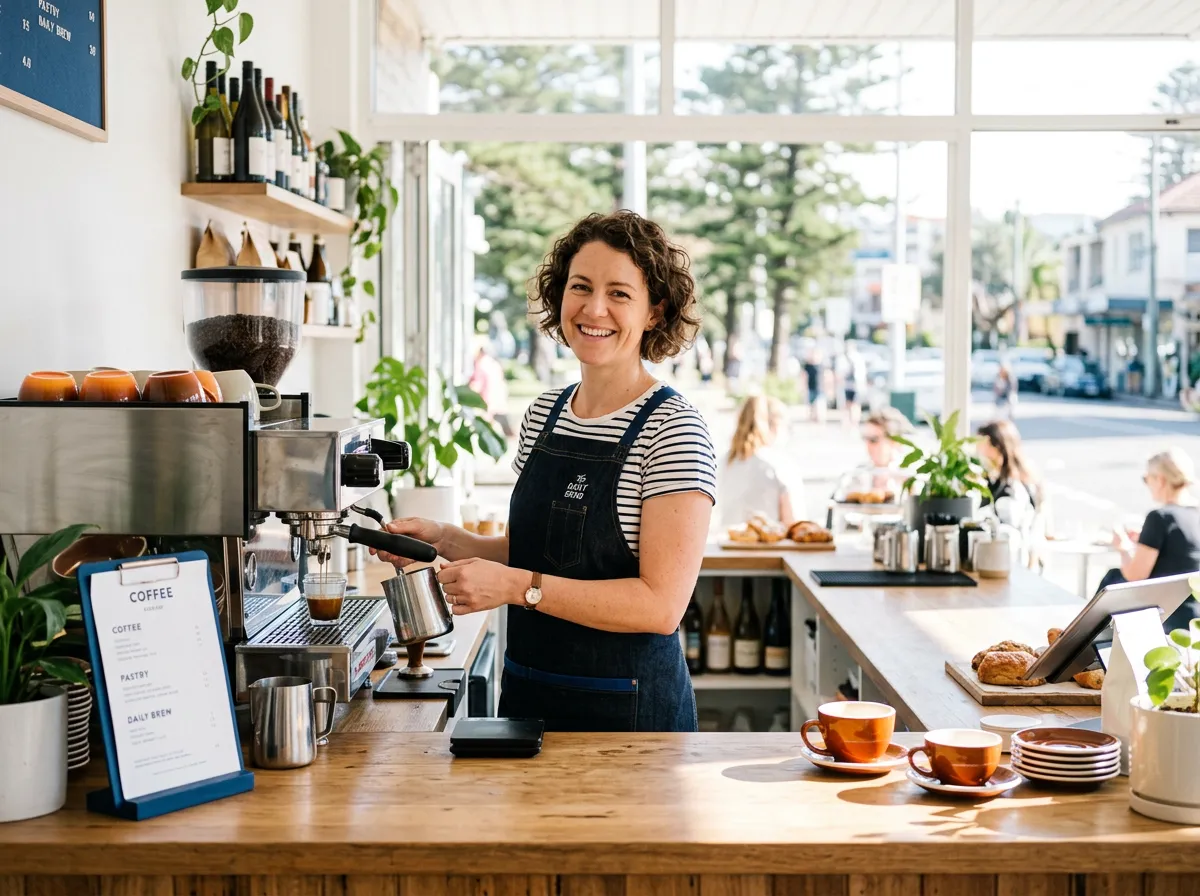 Smiling Sydney cafe owner working calmly in a sunlit hospitality venue