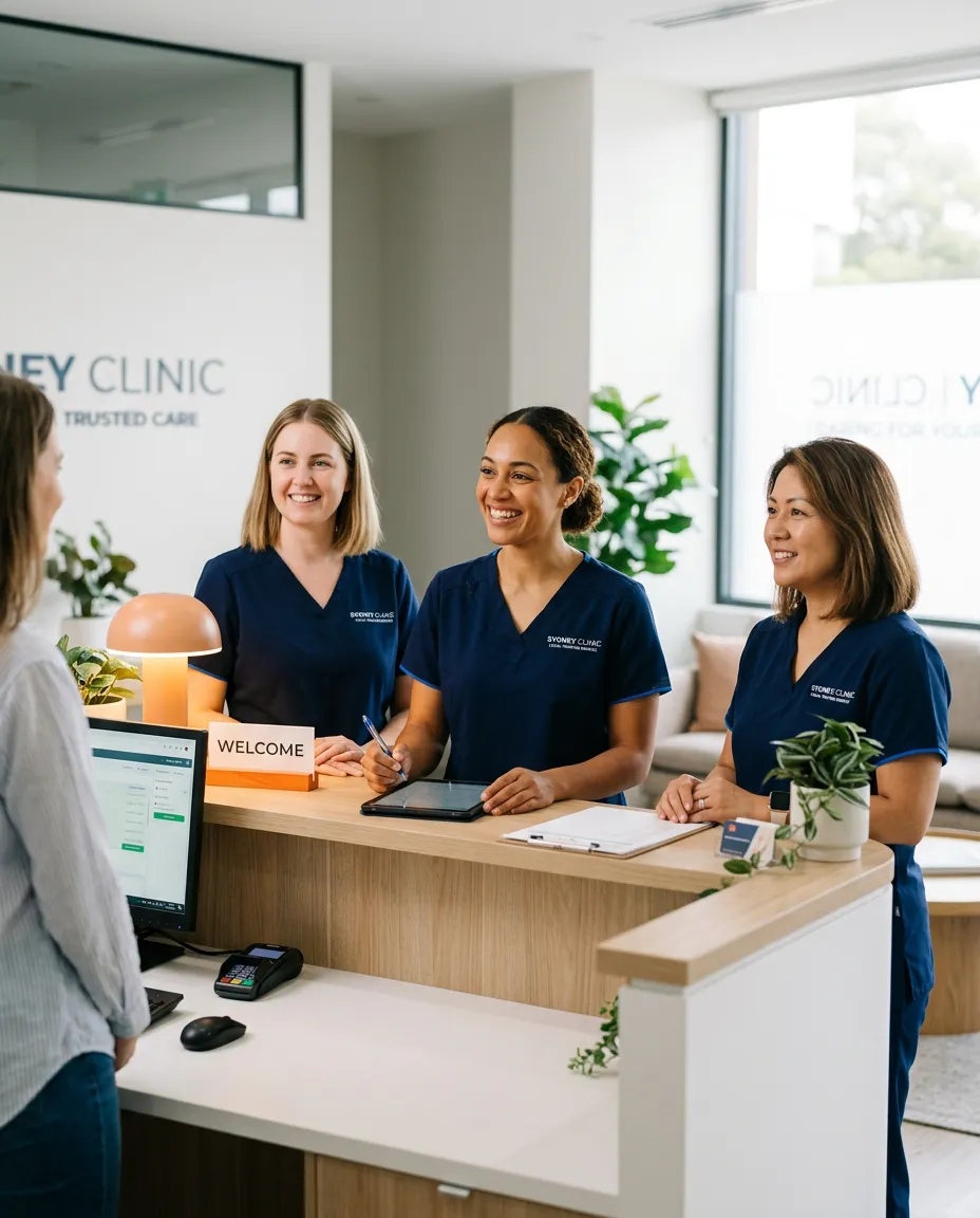 Welcoming modern Sydney clinic front desk team smiling and assisting local patients