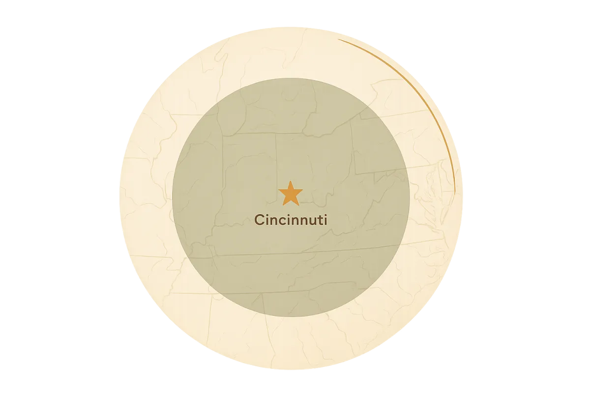 Soft-tinted map background with a 200-mile radius highlighted in a semi-transparent Deep Moss wash and a Saddle Tan star marking Cincinnati