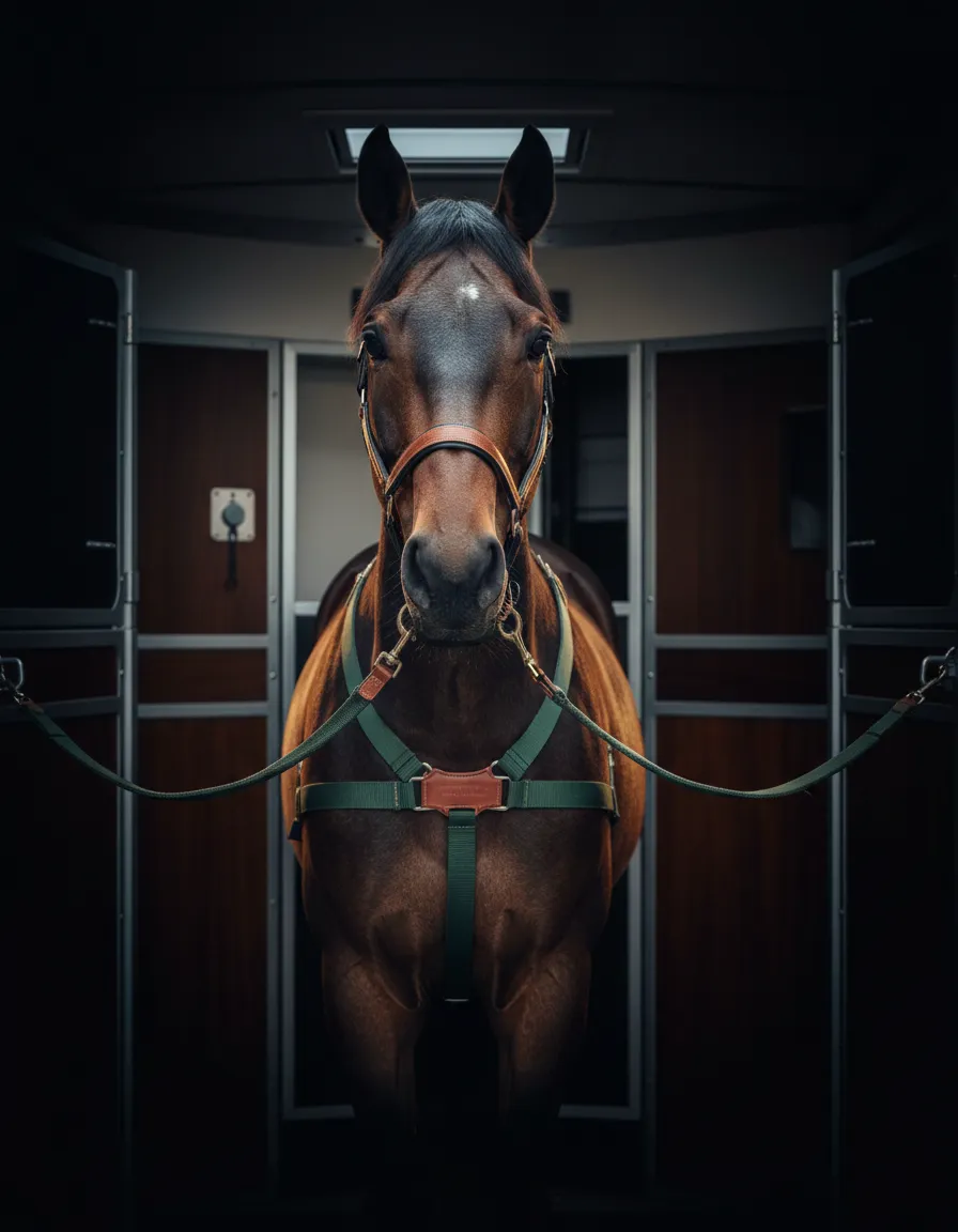 A safely secured horse in a premium transport environment