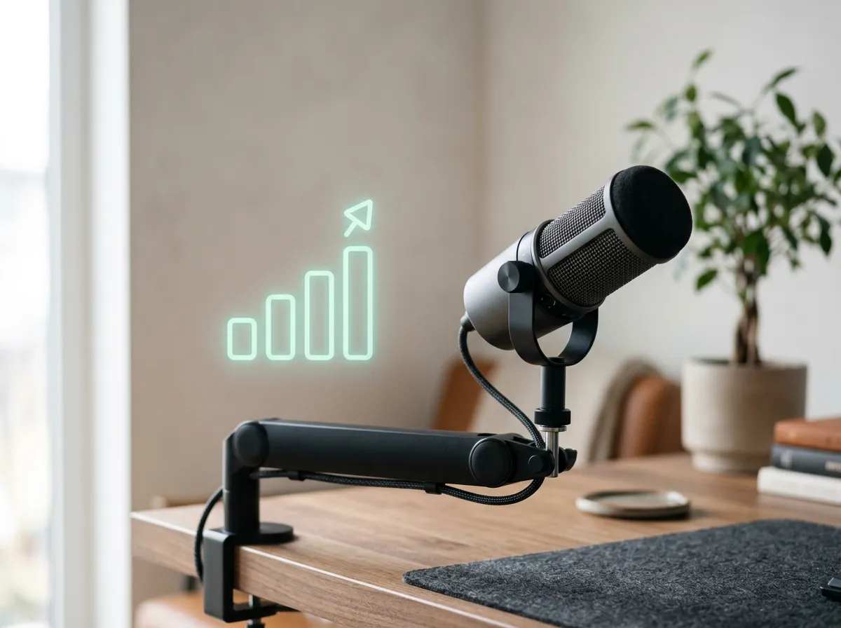 Near-photoreal podcast microphone with subtle light teal-green growth symbol