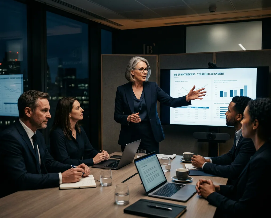 Senior consulting partner guiding executive team during quarterly operations sprint review