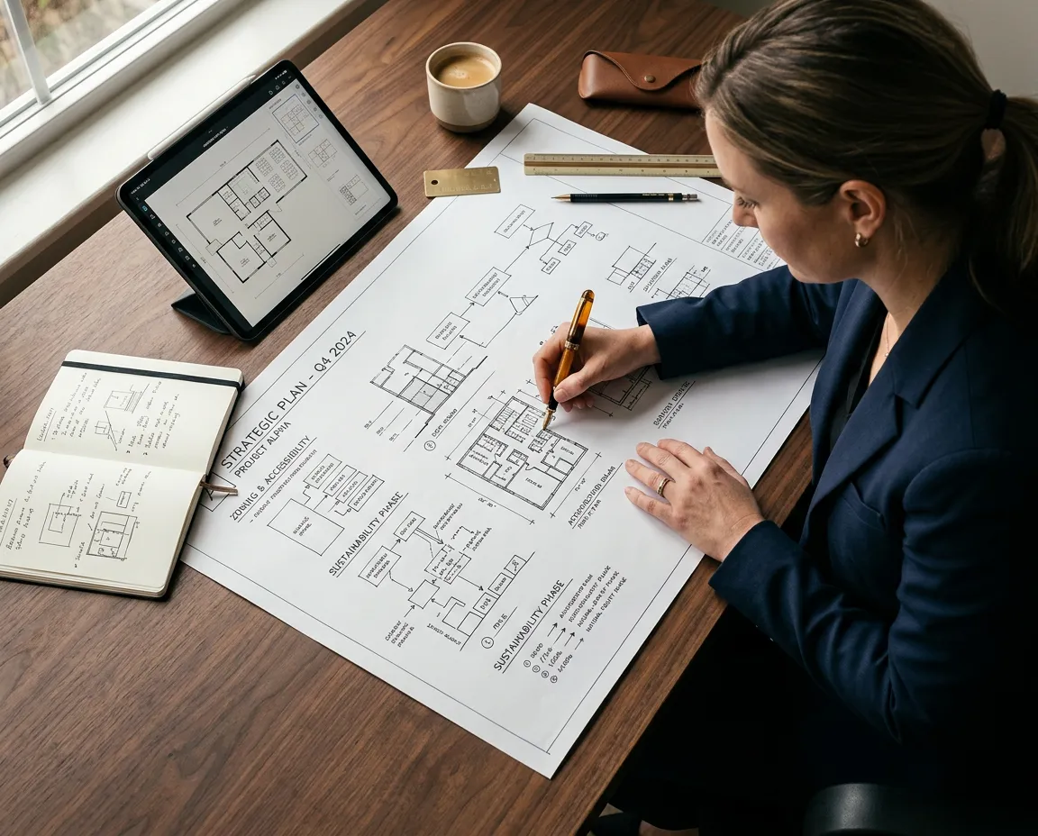 Managing partner drafting architectural strategic blueprint on white paper in boardroom