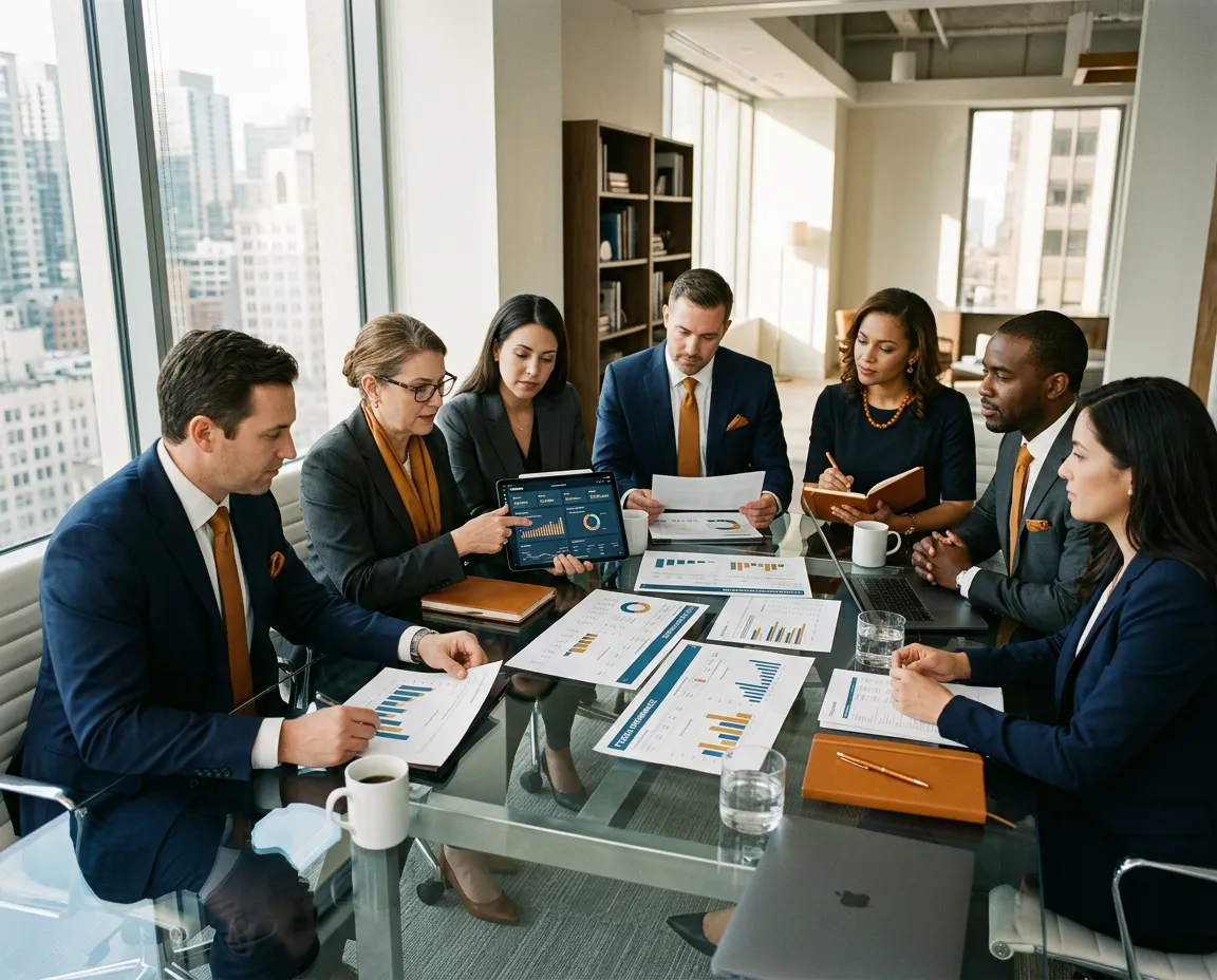 Executive leadership team analyzing financial performance metrics during a diagnostic consulting session