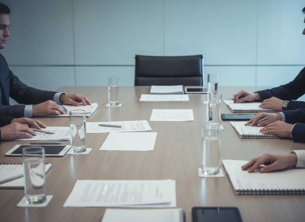 Neutral boardroom with professionals reviewing documents