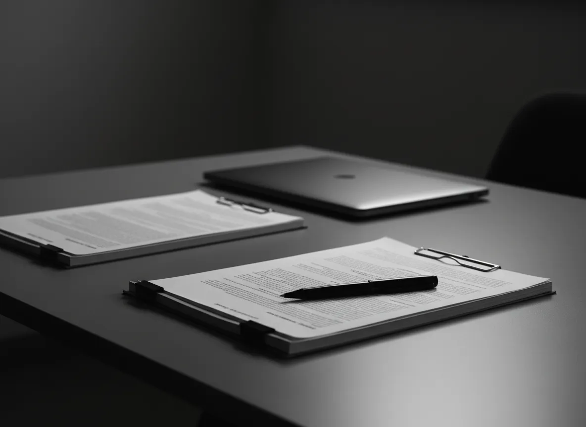 Neutral institutional workspace with financial documents on a clean desk