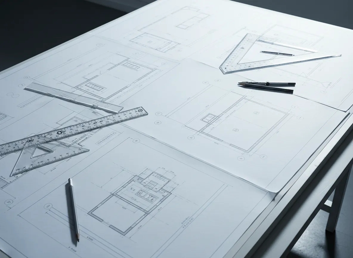 Architectural blueprint table with engineering schematics in a drafting environment