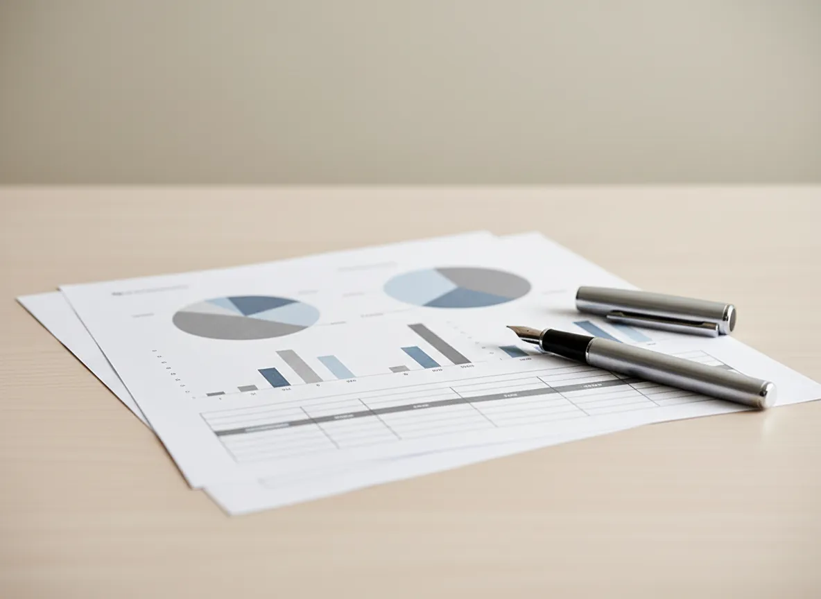 Printed analytical documents and neutral financial report on desk