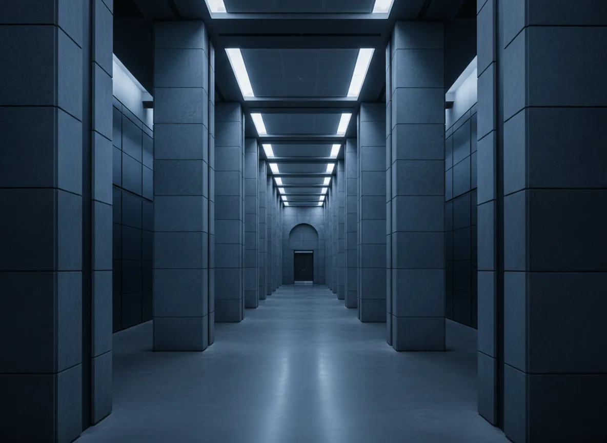 Cool-toned institutional interior with architectural symmetry and structural grid lines.