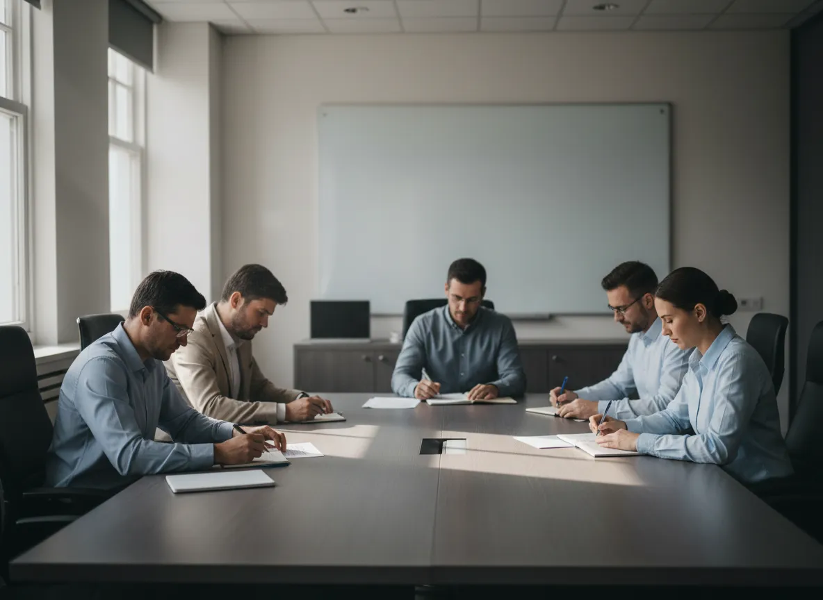Institutional meeting environment with a calm, neutral discussion setting, no luxury imagery.