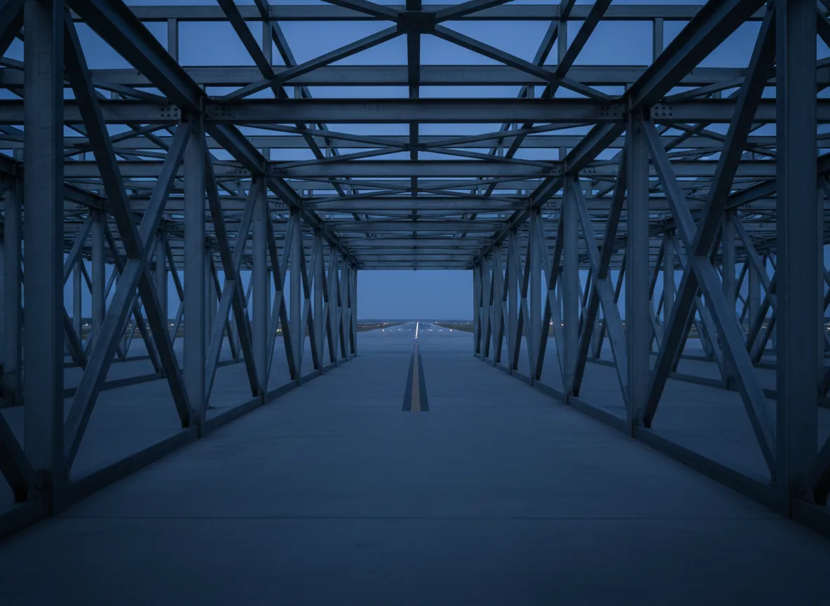 Architectural symmetry and structured steel framework with runway centerline at dusk