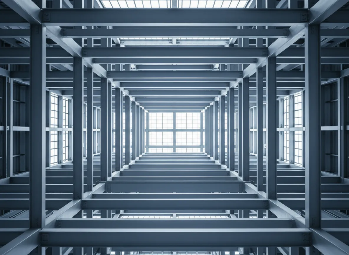 Cool-toned architectural steel framework with structural grid lines and no people.